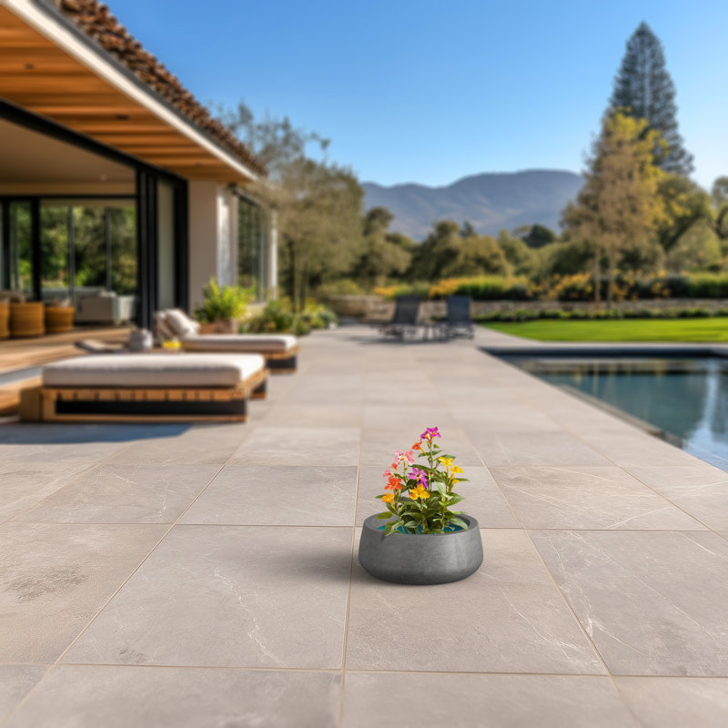 Pot à fleurs moyen rond en béton avec trous de drainage, H 7,87 po x l 16,93 po x P 16,93 po, Gris clair (intérieur amélioré)