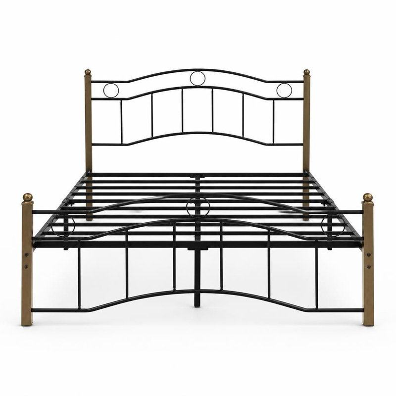 Structure de lit plateforme pleine grandeur en métal avec tête et pied de lit ondulés décoratifs, fabrication en fer robuste avec lattes de soutien renforcées et pieds centraux
