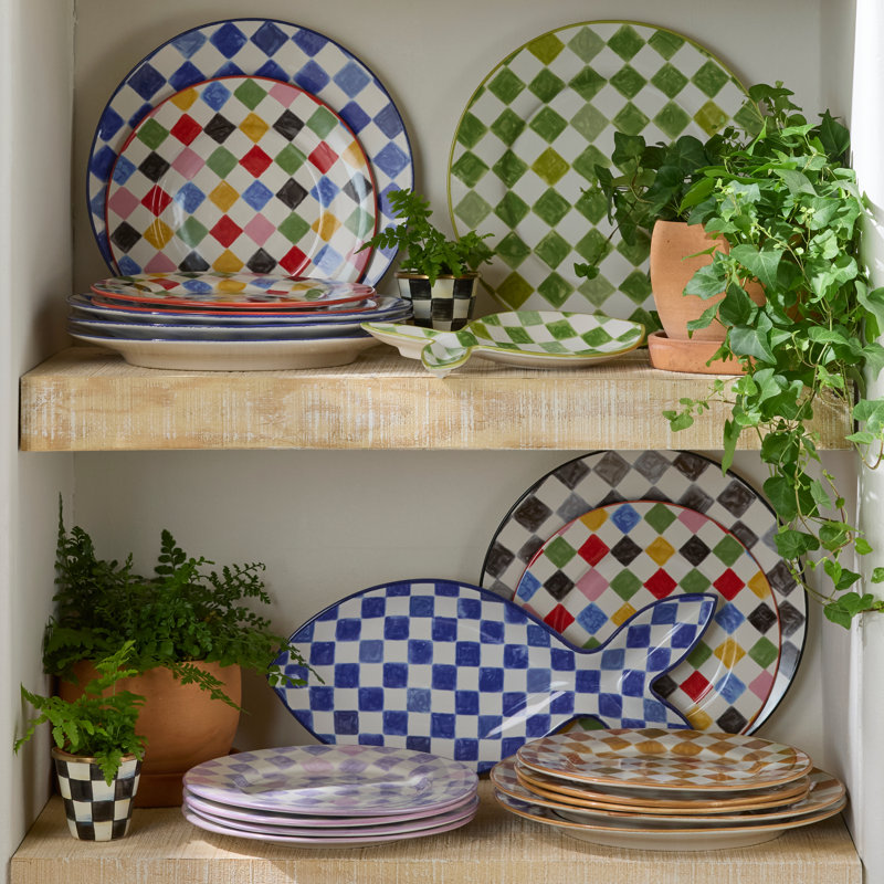 Pink Check Dinner Plate, Green/Blue/Pink