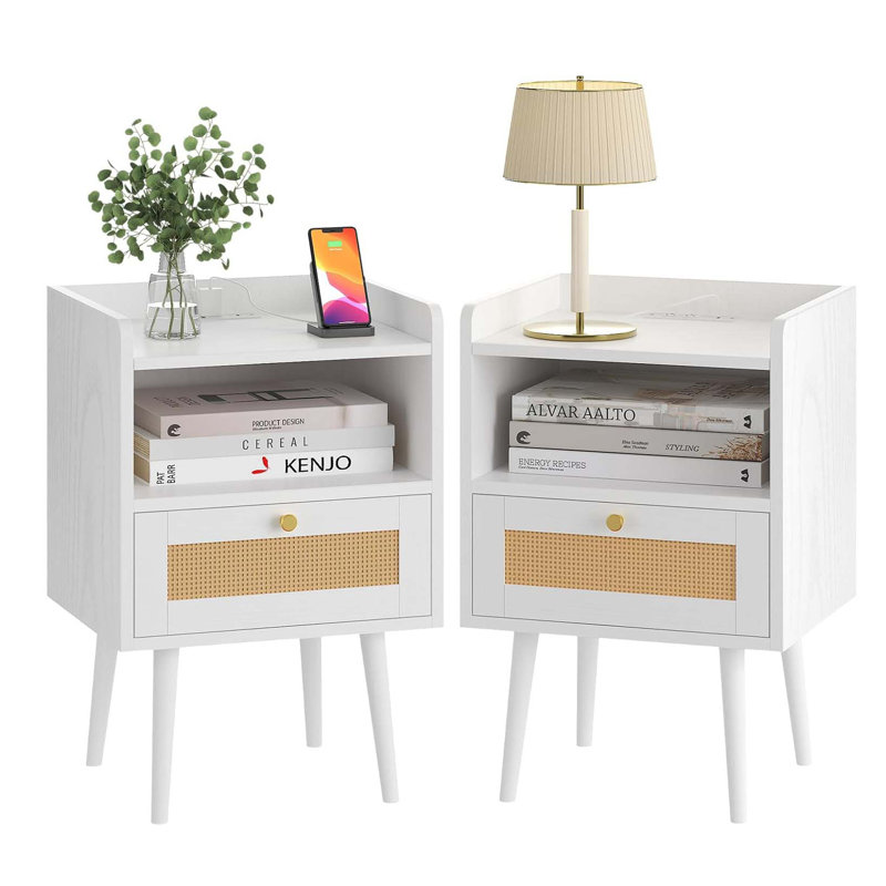 White Rattan Bedside Tables with Charging Station Set of 2