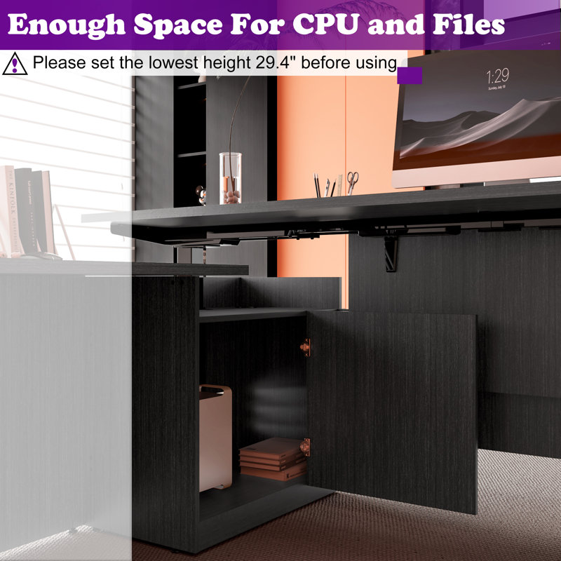 66.93" L Shaped Executive Standing Desk With File Cabinet, Gray