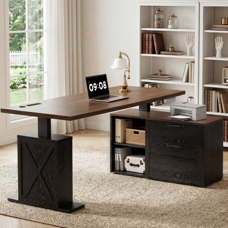Bureau assis-debout en L de style campagnard de 170 cm avec station de recharge, bureau d'angle réglable en hauteur avec tiroirs de rangement