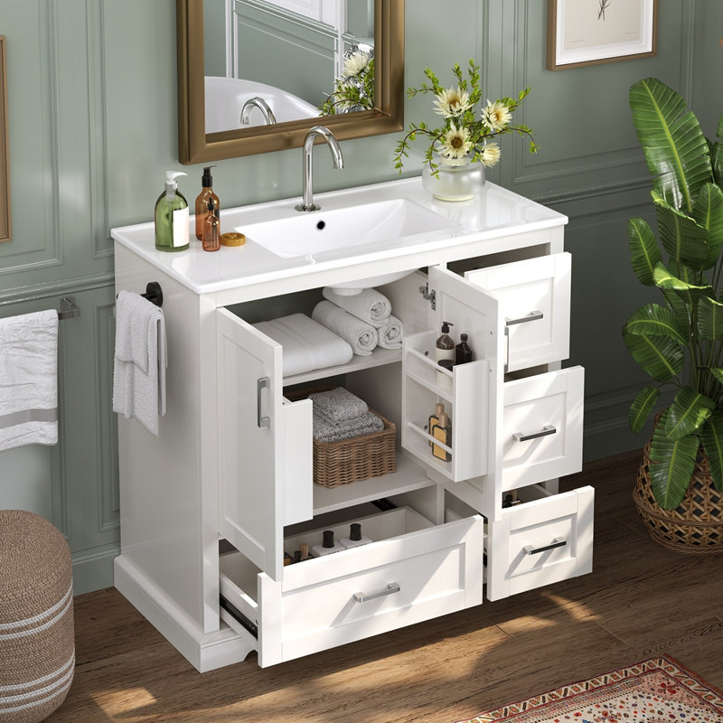 Meuble-lavabo blanc 42 po avec lavabo en céramique 42 po - Armoire autoportante à 4 tiroirs (top 2 avec séparateurs), portes à fermeture en douceur avec tablettes intérieures, porte-serviettes latéral réversible, poignées argentées, panneau de fibres à densité moyenne