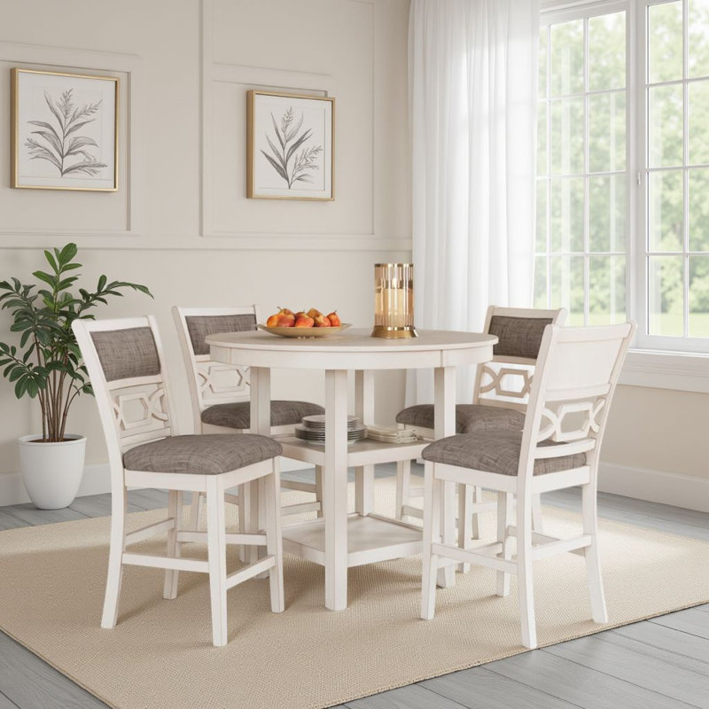 Ensemble de table de salle à manger à hauteur de comptoir 5 pièces Berg, bois blanc, chaises rembourrées, Gray, White