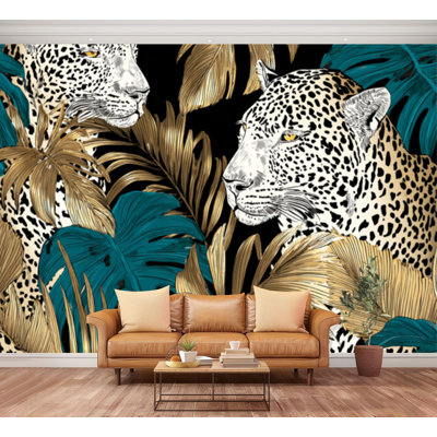 Wall Mural Peel and Stick white leopard gold palm leaves tropical monstera foliage blue art Large Wallpaper Self-Adhesive Removable Contact Paper Wall Decor for Living Room Bedroom Nursery 100"H x 144"W