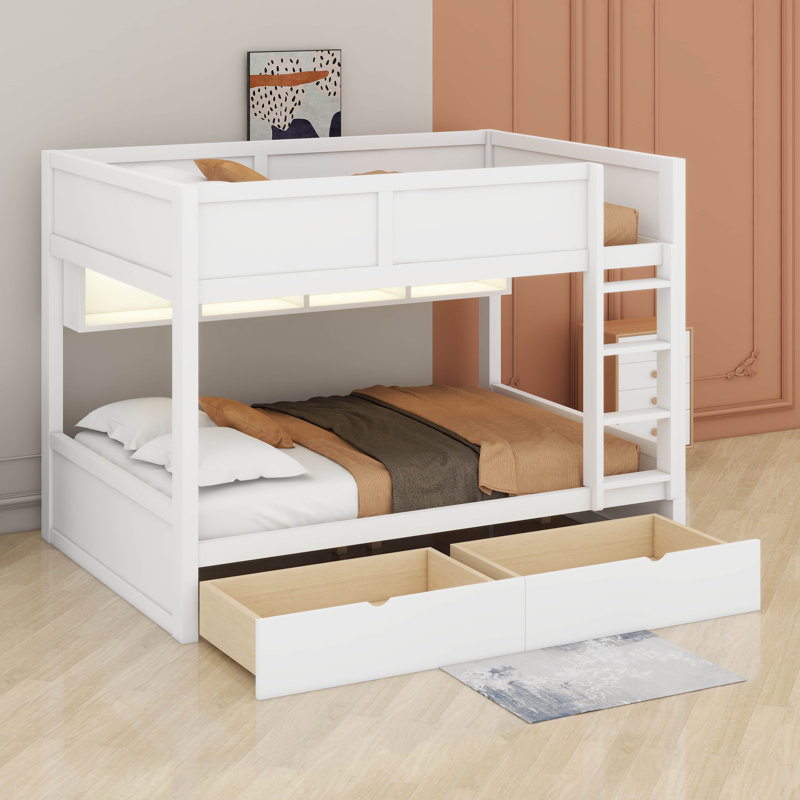 Lit superposé en bois double TG avec échelle, tablettes et tiroirs de rangement, lit superposé multifonctionnel au sol, Blanc