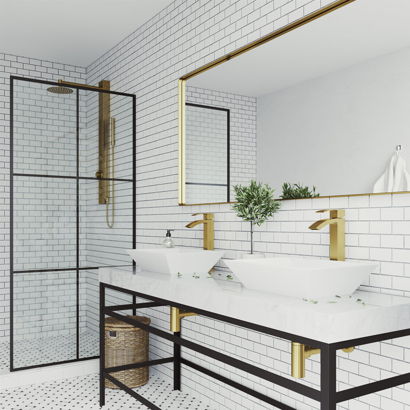 Vinca 18" L x 14" W x 5" H Rectangular White Matte Stone Vessel Bathroom Sink with 12" H Faucet, Matte Gold