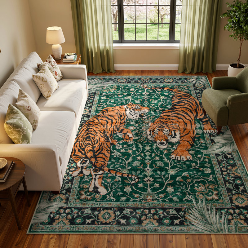 Goldene Oriental Tiger Vintage Washable Area Rug - Soft Cashmere Carpet for Living Room, Bedroom, or Office, Dark Green