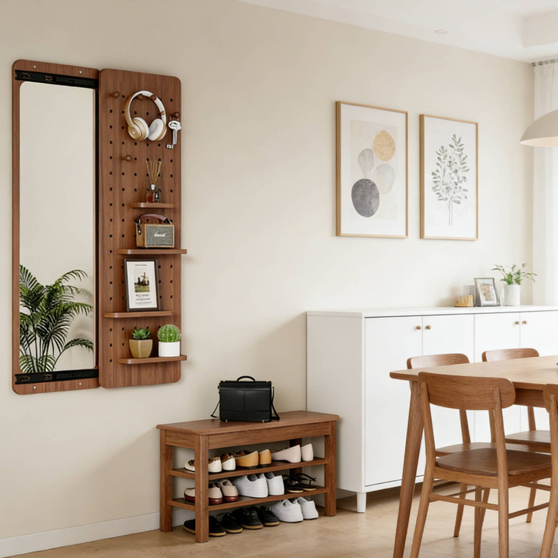 47.6*15.7In Wall Mounted Full Body Mirror Walnut, Multifunctional Panel With Shelf Hook For Living Room, Walnut