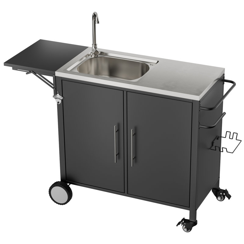 Table de barbecue extérieure avec évier, îlot de cuisine en métal avec plateau pliable et armoire de rangement, chariot à roulettes avec roues pour le jardin, la cour et la pelouse