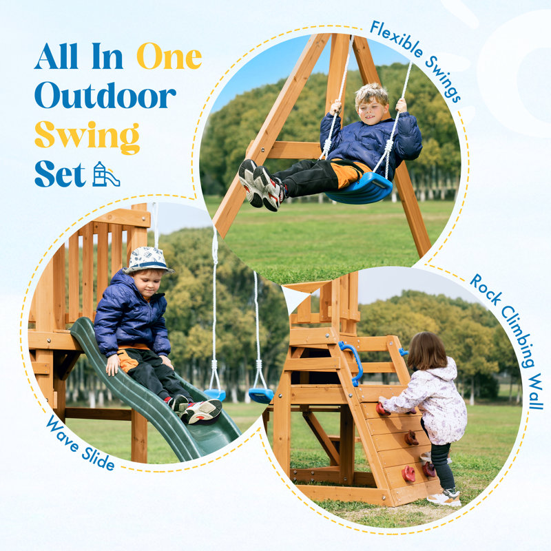 ROBUD Wooden Swing Set with Slide and 2 Swing(s)
