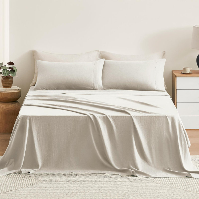TOSMO 100% Linen Sheet Set, Queen, Natural Linen