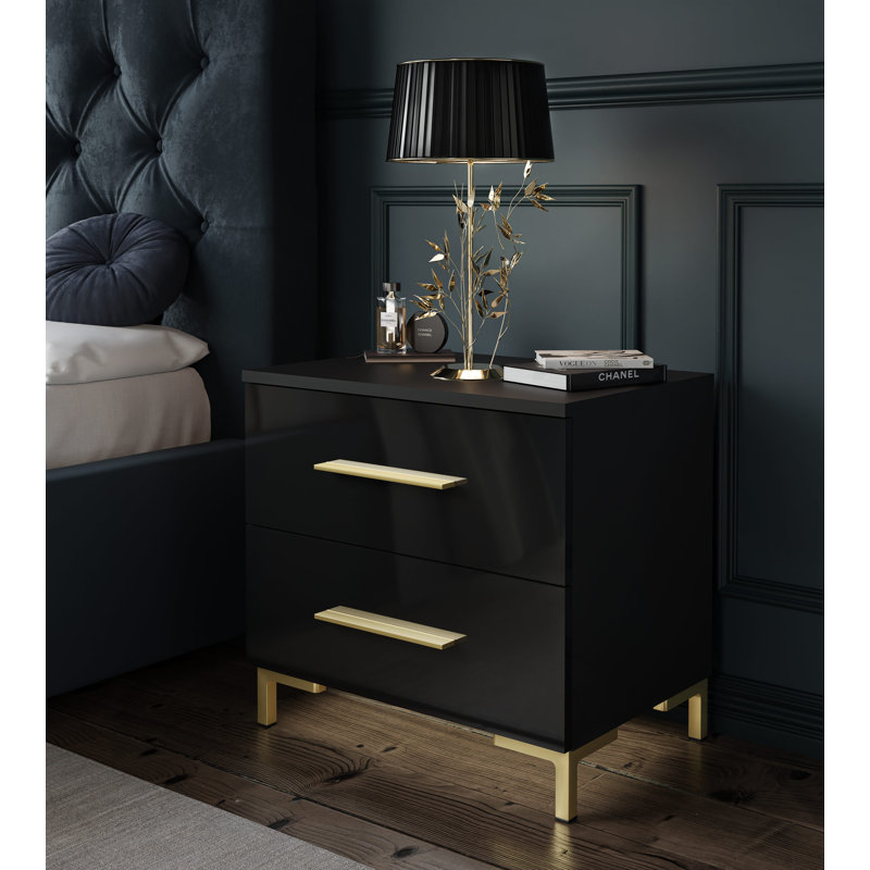 Varonique 2 Drawer Bedside Table, Black, Golden