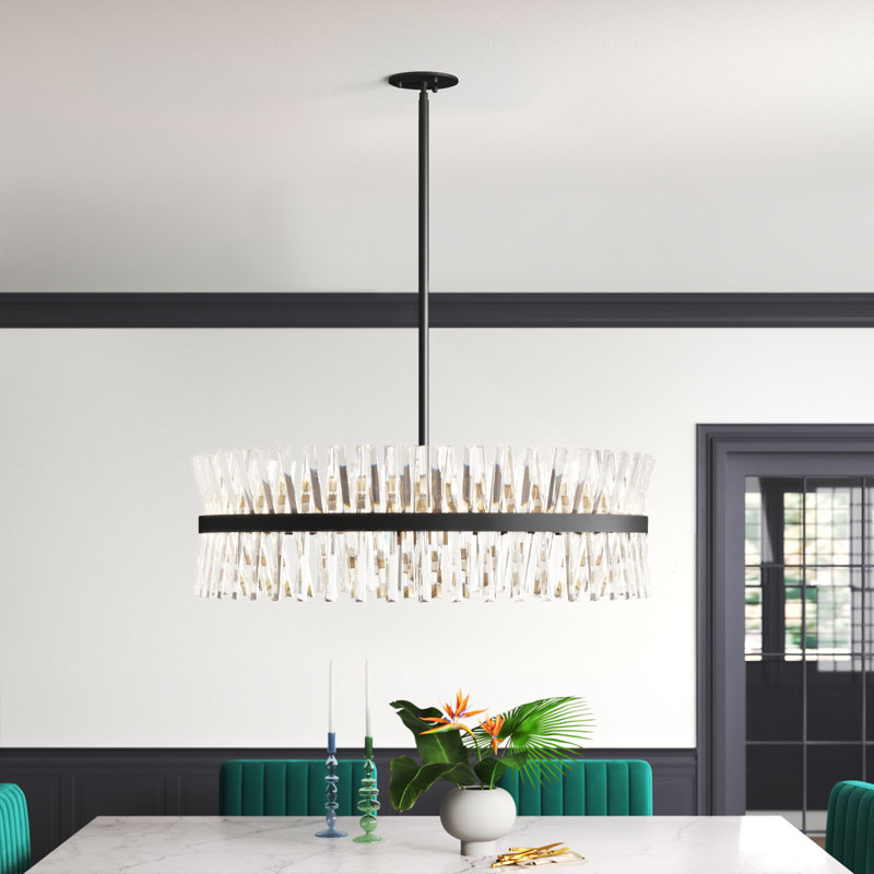 Athol 16 - Light Iron Drum Chandelier with Crystal Prisms, Black, 12" H x 36" W x 36" D