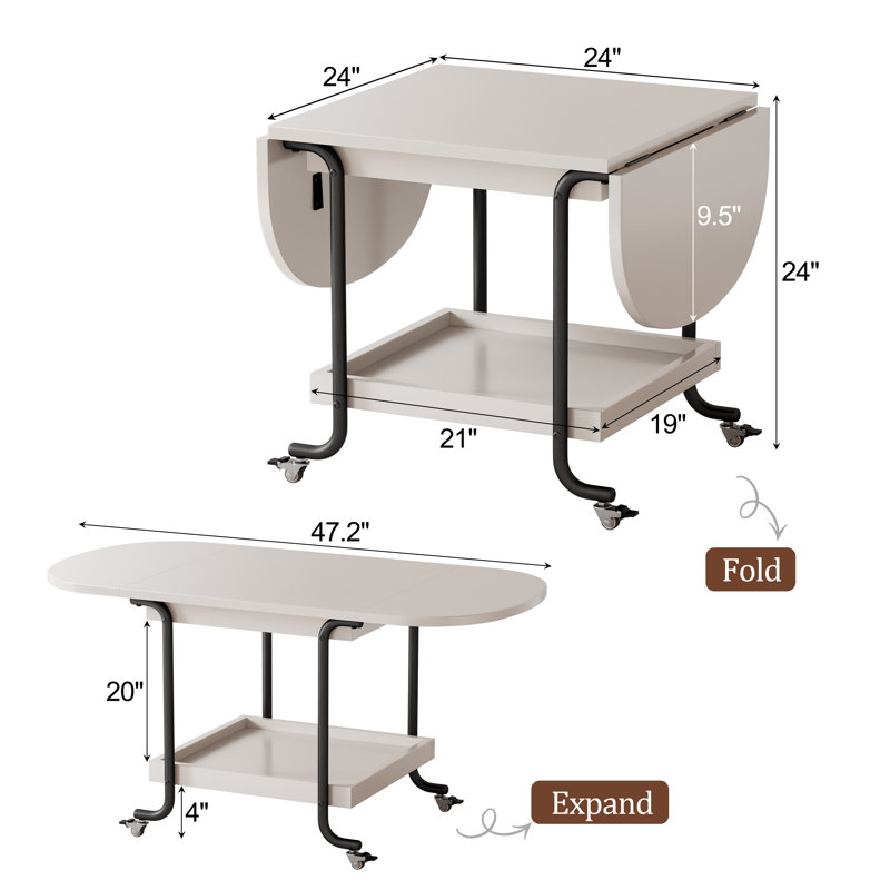 47.2" Convertible Drop-Leaf Expandable Coffee Table with Curved Metal Locking Caster Base in  Fir Core Wood |  Double-Tier Storage Rolling Center Table for Small Apartment & Living Room