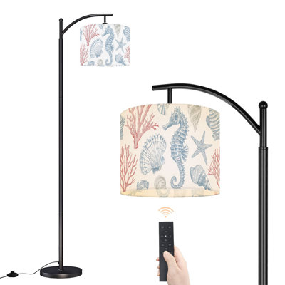 Arc Floor Lamp with Adjustable Lampshade Marine hand drawn sea shells stars seahorse coral Standing Lamp 3 Color Temperatures Dimmable Tall Pole Lamp with Foot Switch for Bedroom