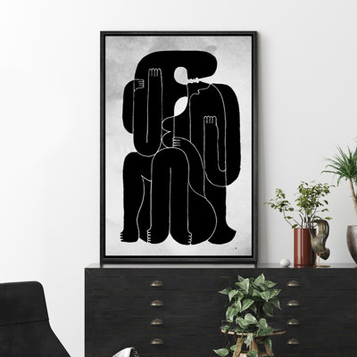 Kiss, noir et blanc, gris, portrait abstrait, neutre, contemporain, reproduction d'art sur toile encadrée