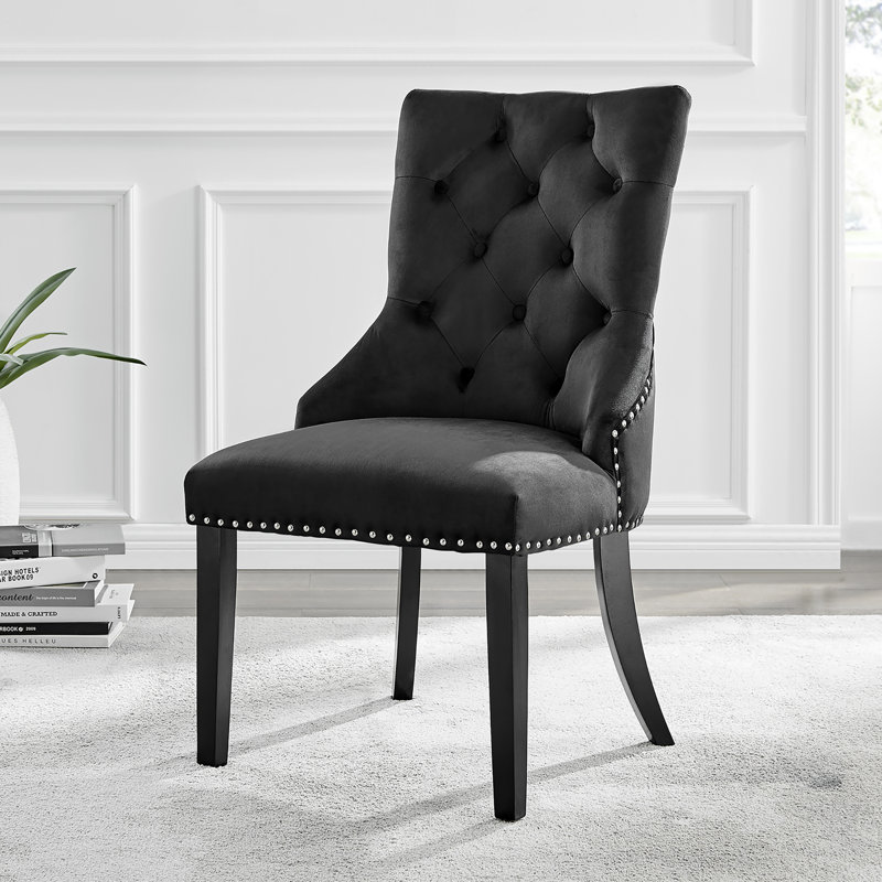 Eubanks Velvet Knockerback Dining Chairs with Metal Rivets and Chrome Legs, Black, Black