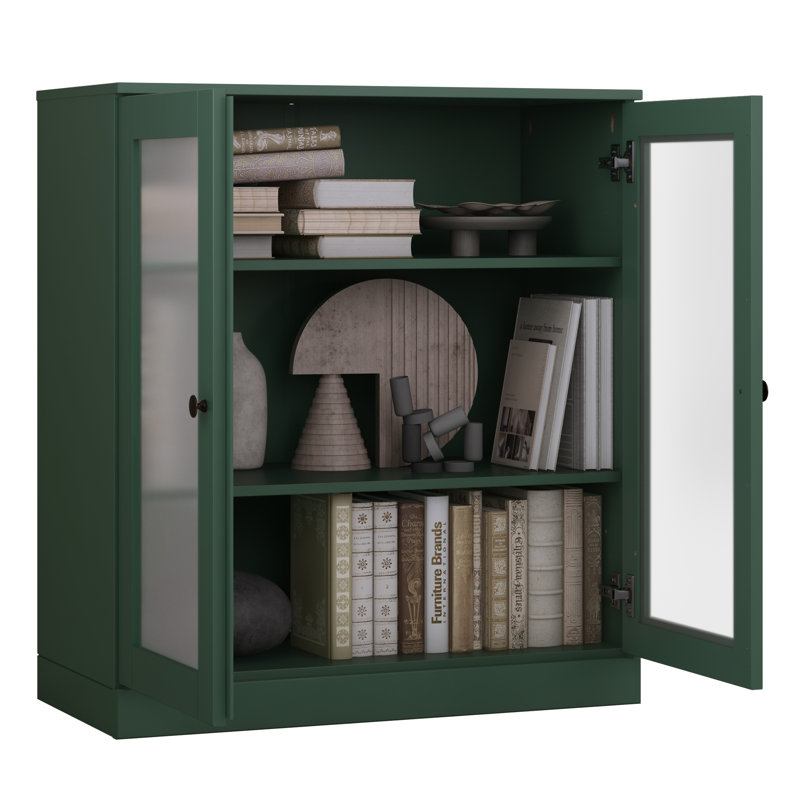 Palace Imports 100% Solid Wood 3-Shelf Bookcase, Frosted Glass Doors, Adjustable Shelves, 32" Wide, 35.75" Tall, Green