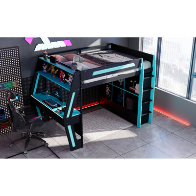 Full Size Gaming Loft Bed With Integrated Desk, Smart RGB LED Lights And USB Ports, Wooden High Bed With 6 Storage Cubbies, 6 Drawers And Safety Staircase, Gamer Bed For Teens And Adults