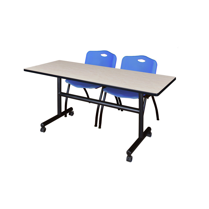 Table gigogne d'appoint Nevjana, 2 chaises empilables, Cerisier, Bleu, H 29 po x l 72 po x P 30 po