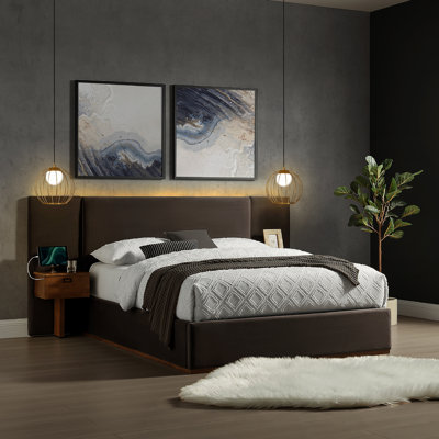 Dahlia Upholstered Bed LED Headboard and USB A + C Side Tables in Velvet Fabric