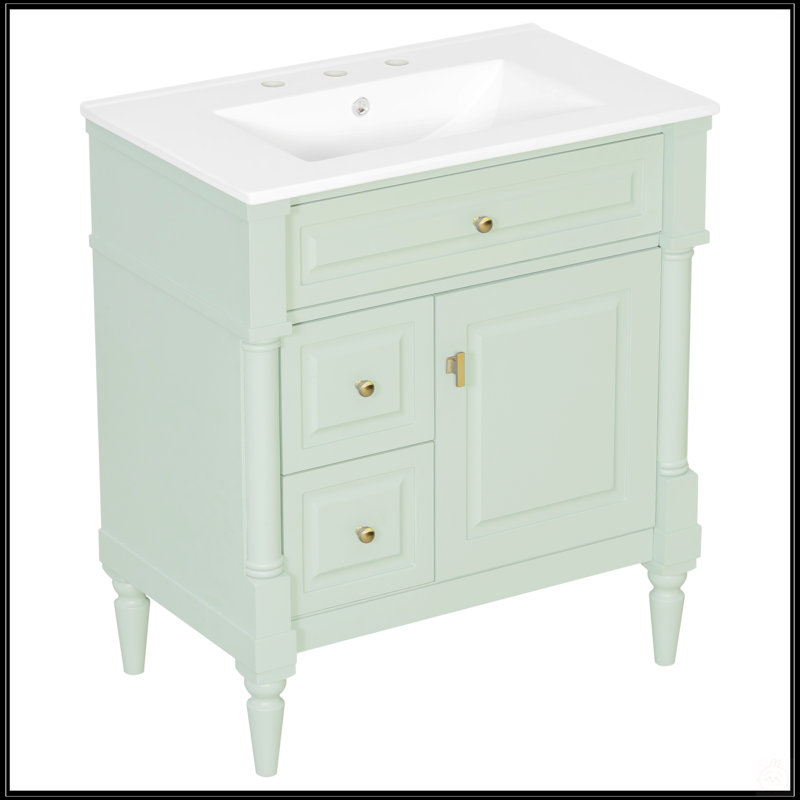 30 Inch Freestanding Bathroom Vanity With Ceramic Sink, Flip Drawer, And Adjustable Shelf For Modern Bathrooms, Green