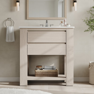 Ensemble de meuble-lavabo sur pied 30 po avec lavabo, 2 tiroirs et tablette ouverte, chêne blanc