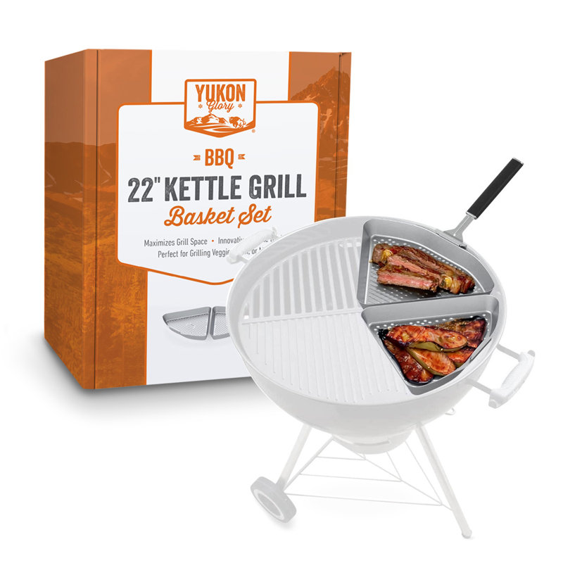 Yukon Glory 22-inch kettle grill basket set, 2 wedge baskets and clip-on handle, stainless steel, 1.5" H x 12" W x 10" D
