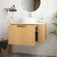 Meuble-lavabo de salle de bain, meuble-lavabo rayé à bord arrondi avec tiroir, lavabo rond en céramique blanche et plateau en pierre frittée à motif de travertin, pré-assemblé,-1555275895