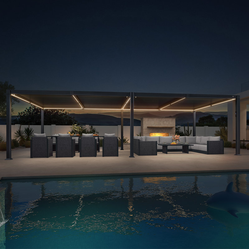 PURPLE LEAF 11' x 28' Louvered Pergola with LED Strip Lights and Control Panel for Patio Deck Garden Yard Gray