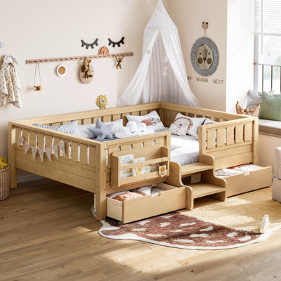  Lit mezzanine double pleine grandeur avec tablettes intégrées, naturel clair