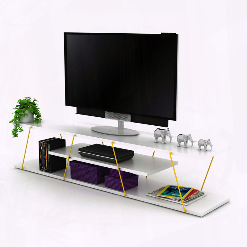 Meuble télé 56 pouces Mid Century Modern avec 56 tablettes ouvertes en blanc et jaune, Blanc / Doré