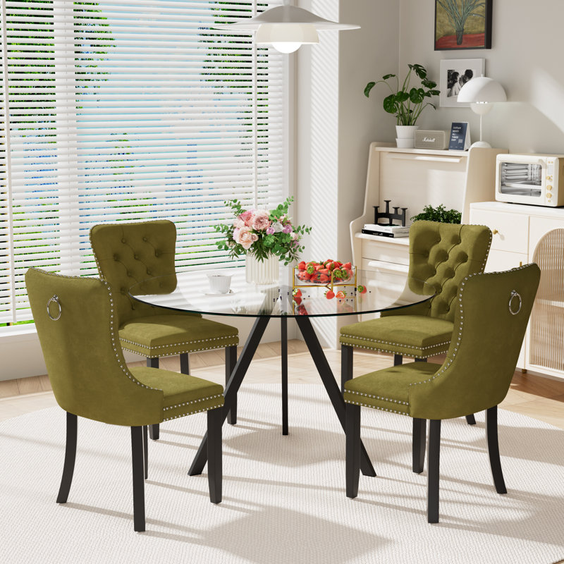5-Piece Pedestal Dining Set, Olive Green, 30" H x 47" W x 47" D