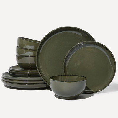 Terracotta Reactive Glaze Stoneware Dinnerware Set - 4 Person Service, 12Pcs Plates & Bowls, Dishwasher & Microwave Safe, Deep Forest Green