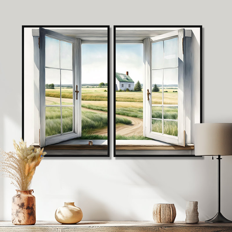 Fenêtre sur paysage II - Art mural traditionnel, 36" H x 48" W, Impression encadrée flottante, Black