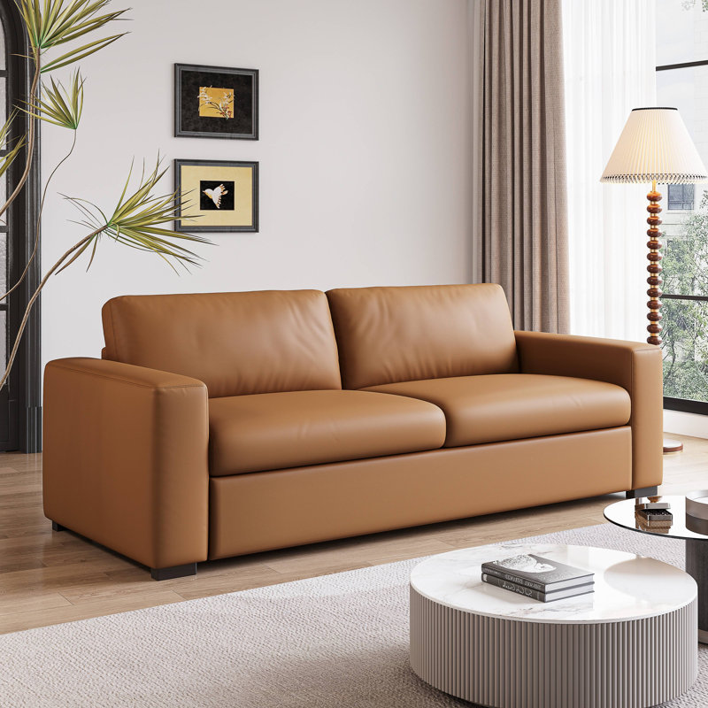 82.7 Inch Retro Orange Leather Couch Loveseat With Square Arm, Mid Century Modern Comfy 3-Seat Upholstered Sectional Sofa for Living Room Office and Small Space