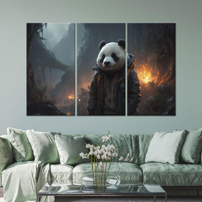 Printed Canvas Artwork: Adorable Panda in Jacket Wall Decor,3P Wrapped Canvas