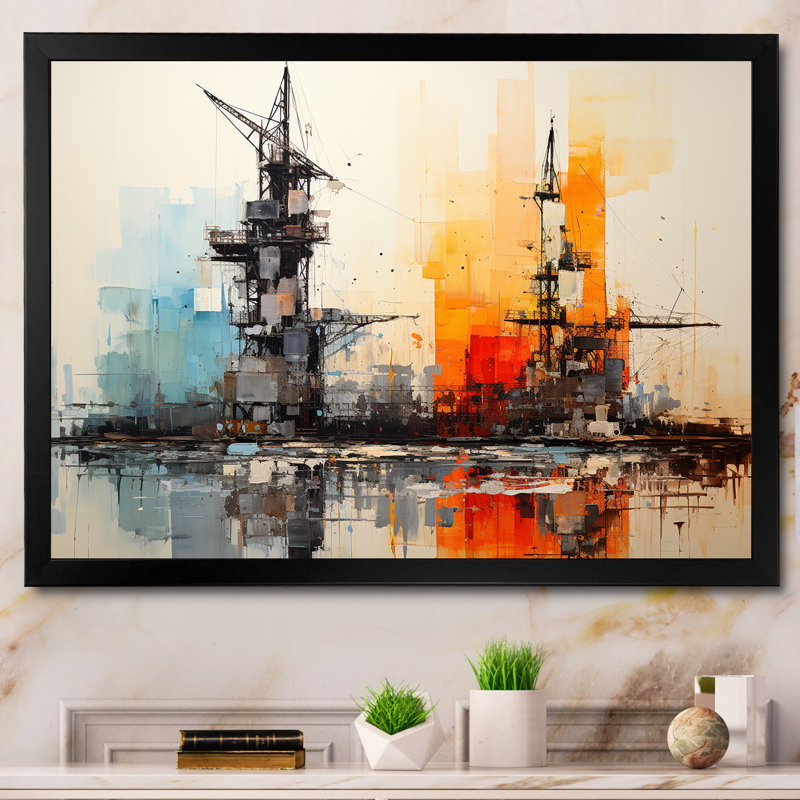Abstrait rouge et bleu «Oil Rigs Fields II» sur toile, Cadre simple noir, H 12 po x l 20 po x P 1 po