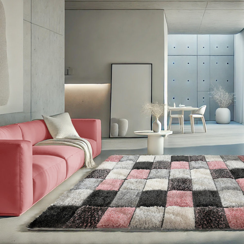 Shaggy Blocks High Pile Rug - Pink, Rectangle 160 x 230 cm