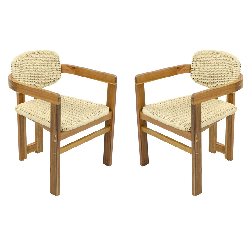 Ensemble de 2 chaises de salle à manger en rotin tissé, patio extérieur moderne en bois d'acacia