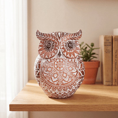 Statuette décorative de hibou mandala à poser, figurine de hibou en résine avec motif géométrique complexe, ornement de bureau bohème pour étagère.