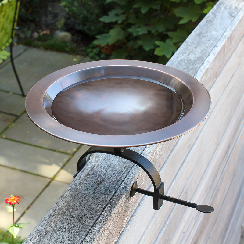 15" Antique Copper Over Rail Birdbath with Wrought Iron Bracket