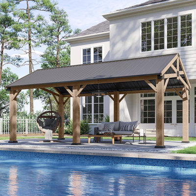Pavillon de jardin extérieur en bois 12 pi x 20 pi avec ventilateur de plafond de 20 po avec pavillon de jardin permanent en bois avec toit en pignon en acier galvanisé pour terrasse, jardin, terrasse, bois de cèdre