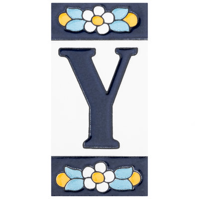 Sevillano 2.13" x 4.38" Ceramic Floral Address Letter Wall Tile in White/Blue