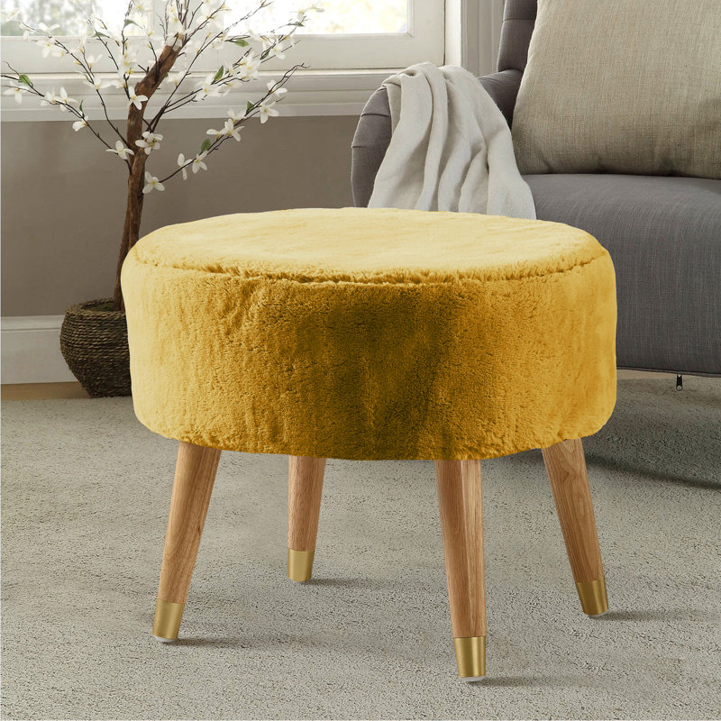 Weisser Upholstered Ottoman, Lemon Curry Faux Fur