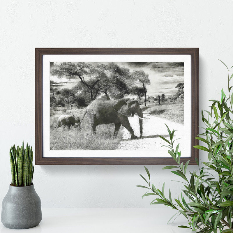 Mother and Baby Elephant Strolling - Picture Frame Photograph Print, 33cm H x 45cm W x 2cm D, Walnut Framed