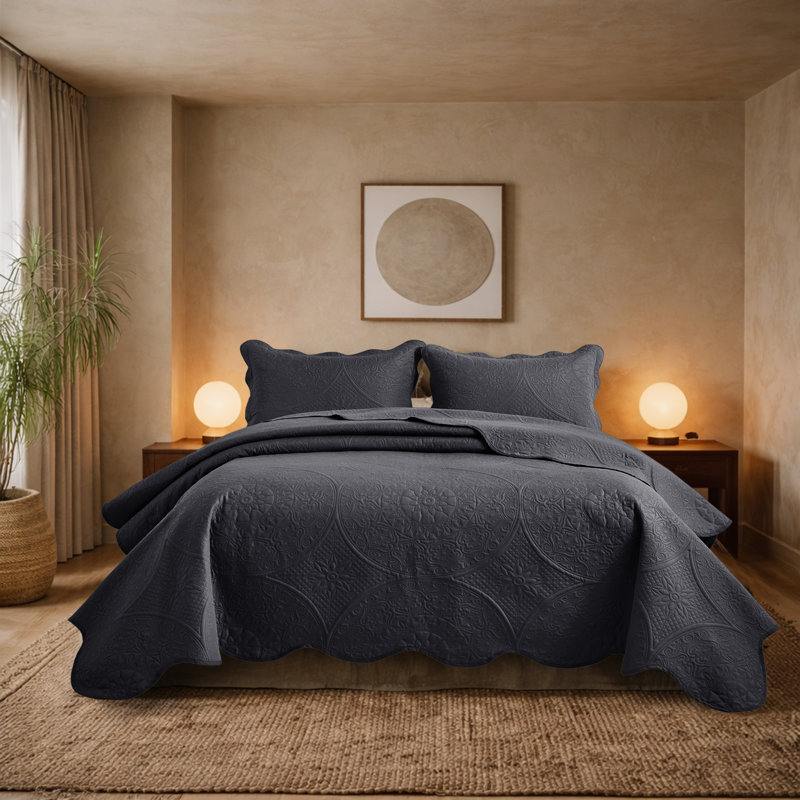 Floral Embossed Microfiber Quilted Bedspread Set, Charcoal, Queen Coverlet/Bedspread + 2 Standard Pillowcases