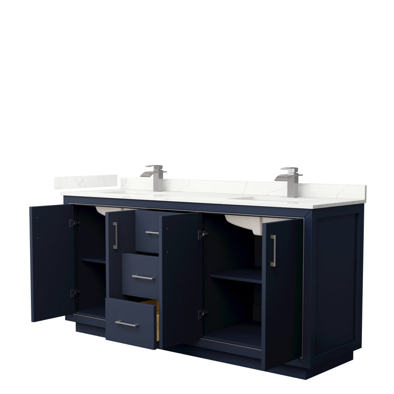 72'' W Double Vanity, Dark Blue, Brushed Nickel, Giotto Quartz