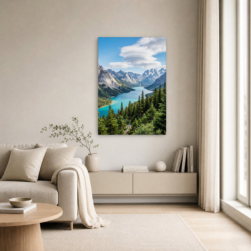 «Snowy Mountain Range Over Turquoise Lake», art mural sur toile, H 18 po x l 12 po